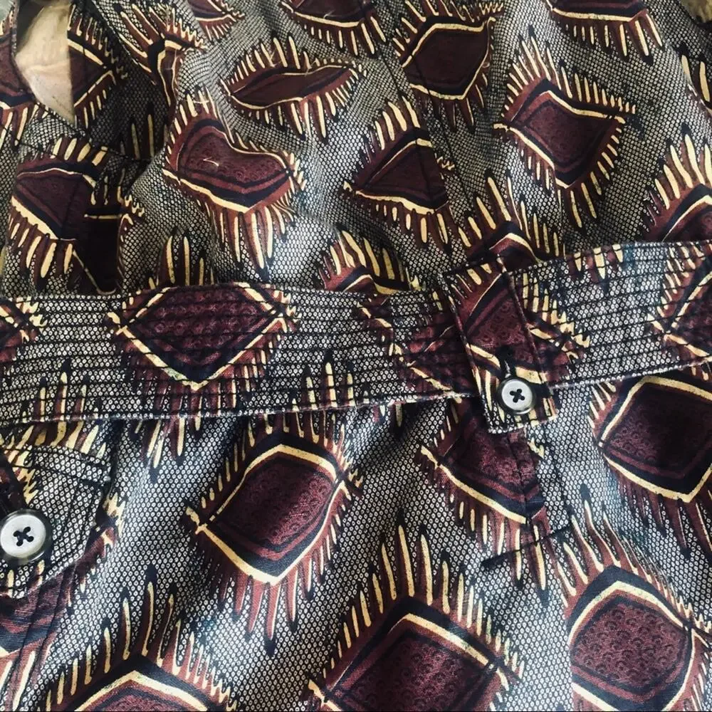 ANTHROPOLOGIE ELEVENSES Tribal Geometric Print Maroon Gold Belted Button Vest XS - Picture 6 of 11